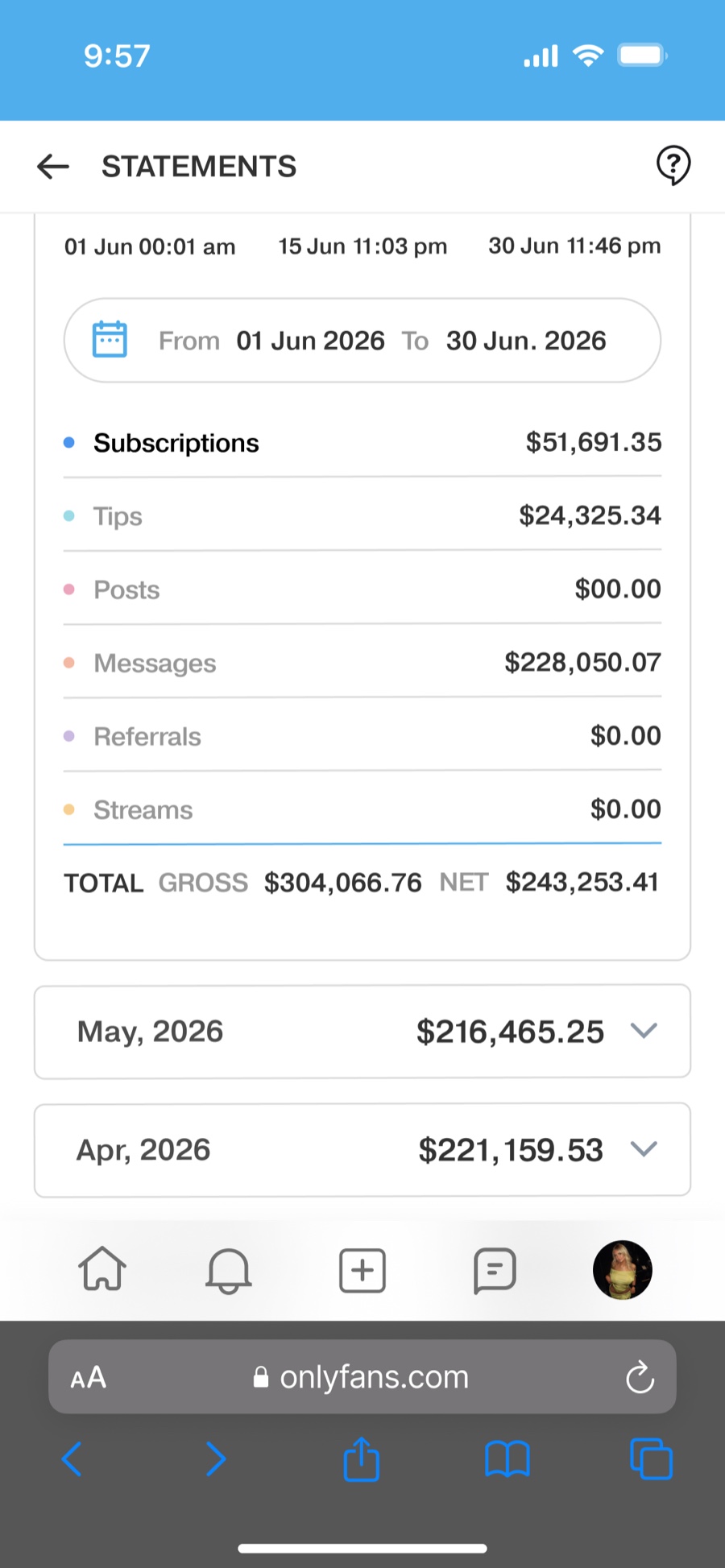 OnlyFans earnings screenshot